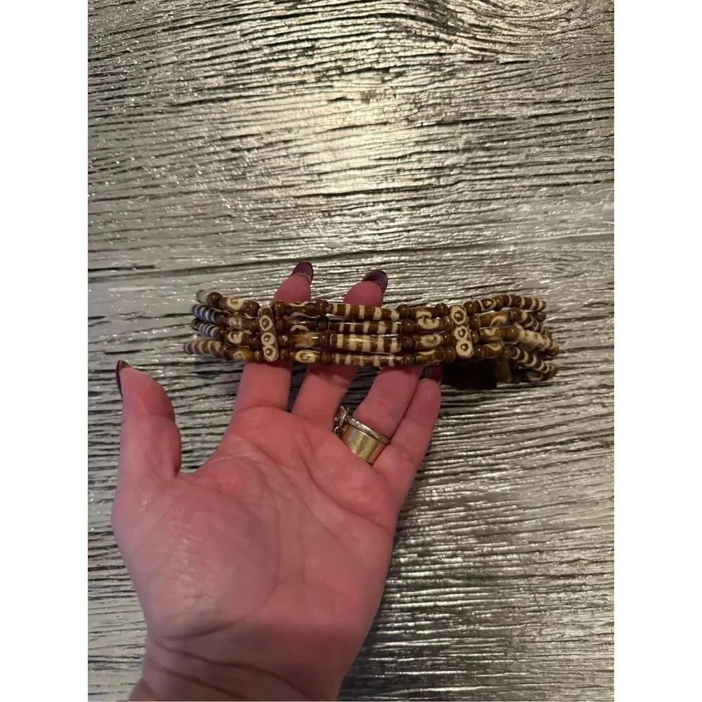 Wooden Tube & Flat Beaded Chocker Necklace India EUC
